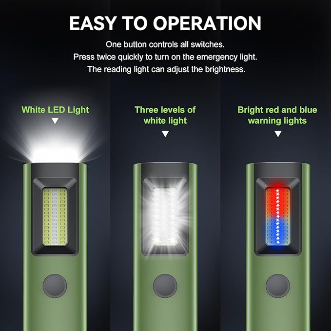 3IN1 EDC Pocket LED Flat Flashlight, USB-C Rechargeable 500 Lumens Compact Bright Handheld Flash Lights, Aluminum Alloy Material with Magnet for Hiking Work and Emergency (Green)