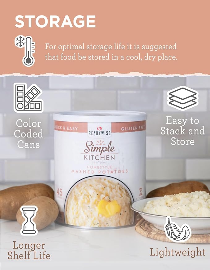READYWISE - Simple Kitchen, Homestyle Mashed Potatoes, 45 Servings, MRE, Emergency Food Supply, Gluten Free, Mashed Potatoes, Canned Vegetables, Freeze Dried Food, Camping, Survival Food, #10 Can