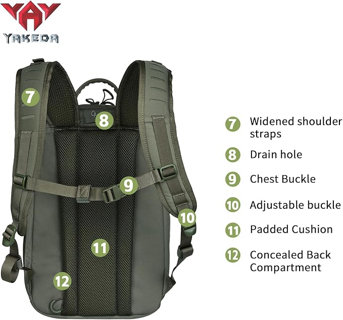 vAv YAKEDA 500D NylonTactical Military Backpack for Men,Fit 12.6-15.6 inches Laptop, Daily Bag for Hiking,hunting,running (Green)