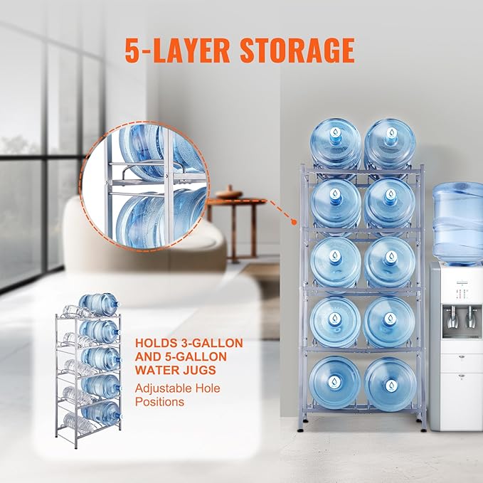 VEVOR 5 Gallon Water Jug Holder, 5 Tiers Double Row Heavy Duty Water Bottle Rack with 10 Slots, Detachable Water Jug Stand for Kitchen, Office, Living Room- Silver