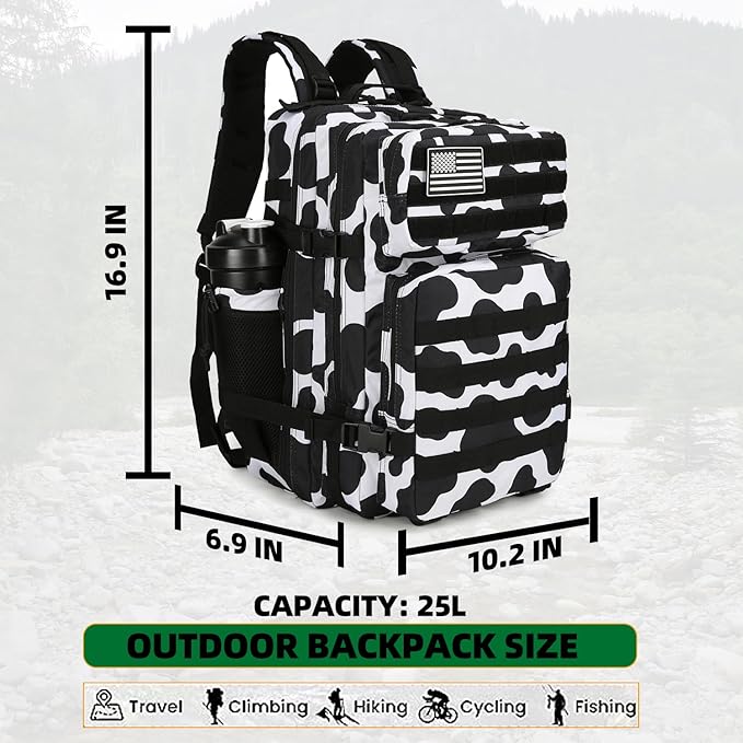 25L Tactical Backpack Military Tactical Backpack for Men and Women Small Assault Pack Outdoor Travel Hiking Camping Rucksack with Molle Webbing (Cow Print)