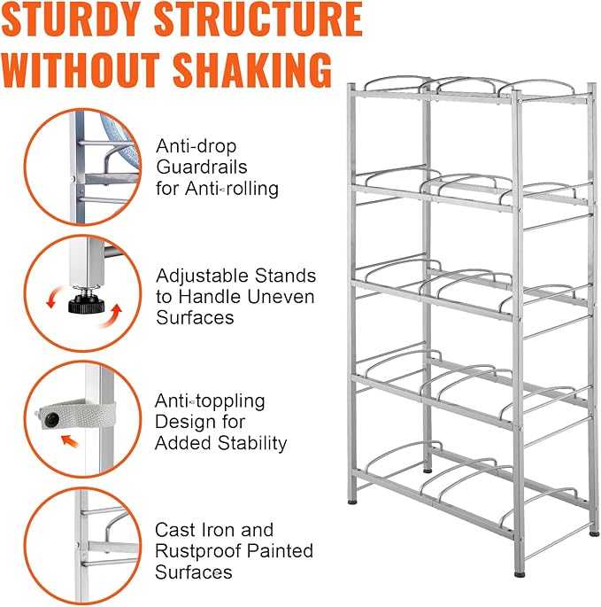 VEVOR 5 Gallon Water Jug Holder, 5 Tiers Double Row Heavy Duty Water Bottle Rack with 10 Slots, Detachable Water Jug Stand for Kitchen, Office, Living Room- Silver