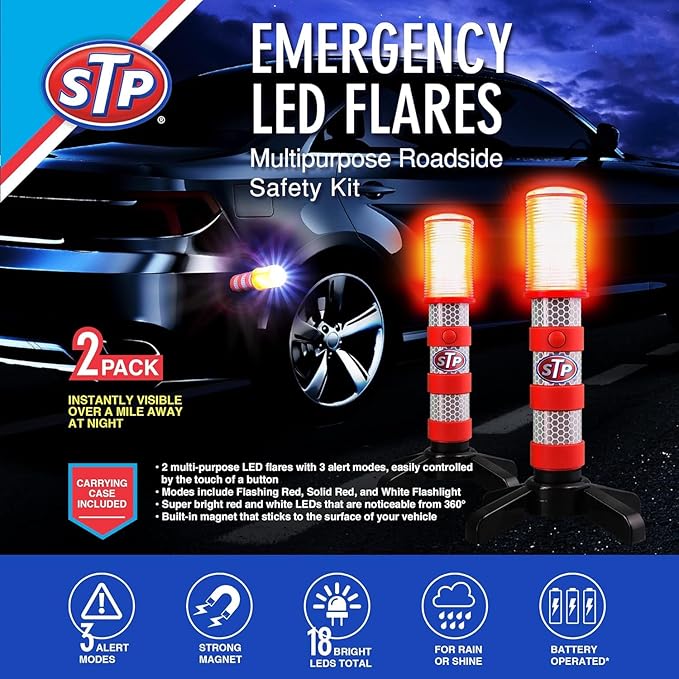 XTREME STP Emergency LED Road Flares, 3 Separate Lighting Modes: Flashing Red, Solid Red and White Flashlight, Visible From Up To A Mile, Foldable Stands/Built-In Magnet Sticks To Car
