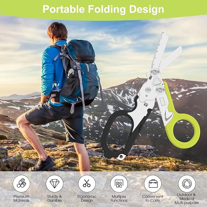6 in 1 Multifunctional Combination Tool, Folding Retractable Emergency Shears, Outdoor Camping Tools, Seat Belt Cutter, Oxygen Cylinder Wrench, Complimentary Adjustable Wrench (dark green)