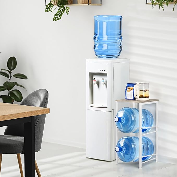 5 Gallon Water Bottle Holder Rack 2 Tier Water Jug Holder Stand with Storage Shelf, 2 Slots 5 Gal Water Cooler Jug Rack for Home, Office, Garage Organizer, Light Grey