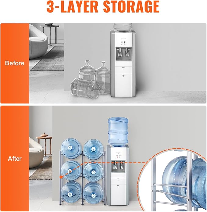 VEVOR 5 Gallon Water Jug Holder, 3 Tiers Double Row Heavy Duty Water Bottle Rack with 6 Slots, Detachable Water Jug Stand for Kitchen, Office, Living Room- Silver