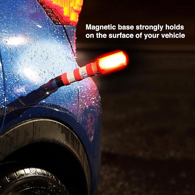 XTREME STP Emergency LED Road Flares, 3 Separate Lighting Modes: Flashing Red, Solid Red and White Flashlight, Visible From Up To A Mile, Foldable Stands/Built-In Magnet Sticks To Car