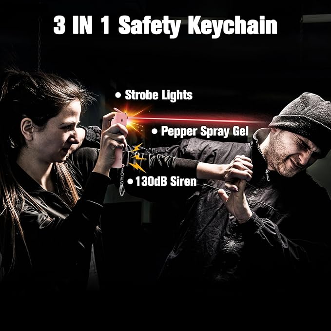 3-In-1 Personal Safety Alarm with Pepper Spray Gel - Self Defense Keychain for Women, Key Chain Set for Defence Protection, Canister Replaceable, 140dB Siren, Strobe Light, UV Marking Dye, Girls Gifts