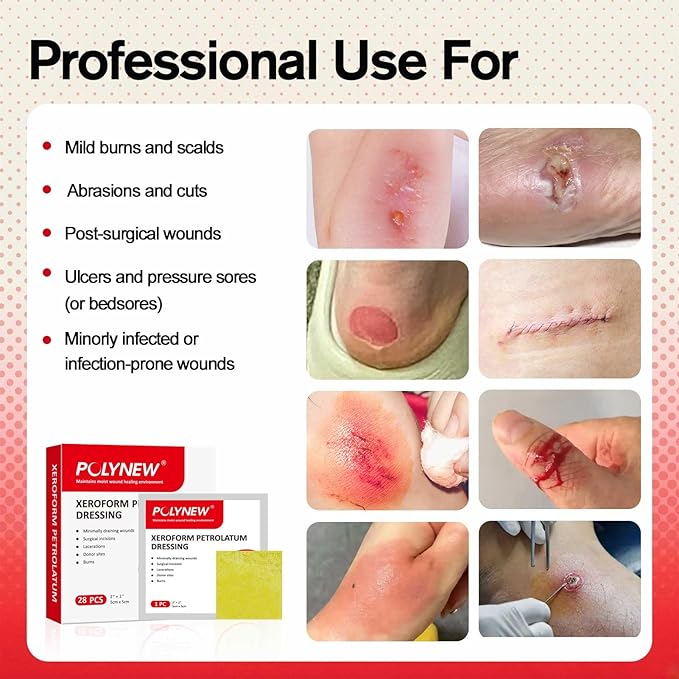 Xeroform Petrolatum Dressing 2"x2", 28 PCS Non-Adherent Gauze for Low Exudating Wounds, Fine Mesh Gauze Pads for Burns, Abrasions, Lacerations, Skin Grafts and Surgical Incisions