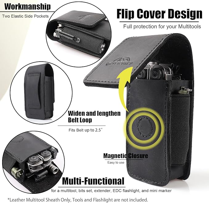 Topstache Leather Multitool Sheath for Belt - Multitool Holster for Belt - Leather Multitool Pouch Fits Folding Tool - Magnetic Closure EDC Belt Organizer - EDC Belt Pouch - Multitool Holder, Black