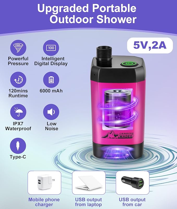 WADEO Portable Shower for Camping, 6000mAh Outdoor Electric Shower Rechargeable Pump with Intelligent Digital Display, Camping Shower Head Nozzle for Camping, Hiking, Traveling, Washing