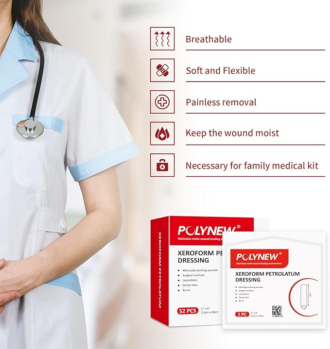 Xeroform Petrolatum Dressing 1"x8", 52 PCS Non-Adherent Gauze for Low Exudating Wounds, Fine Mesh Gauze Pads for Burns, Abrasions, Lacerations, Skin Grafts and Surgical Incisions