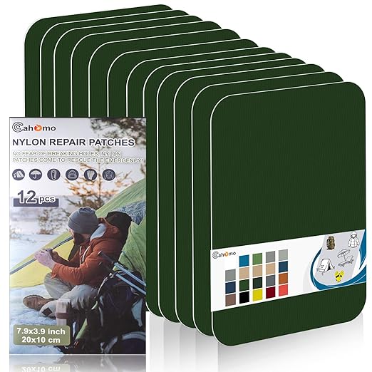 Cahomo 7.9x3.9 inch 12 PCS Nylon Repair Patch Nylon Repair Tape Self Adhesive Fabric Tapes Outdoor Camping Gear Fabric kit for Tent, Umbrella, Down Jackets, Sleeping Bag, Knapsack(Dark Green)