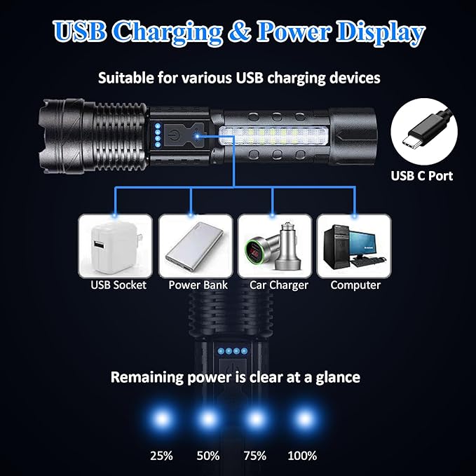 Rechargeable Flashlights 980,000L High Lumens 2 Packs, Super Bright Led Tactical Flashlight Battery Powered Handheld Flash Light with 7 Light Modes, USB C, Waterproof, Zoomable