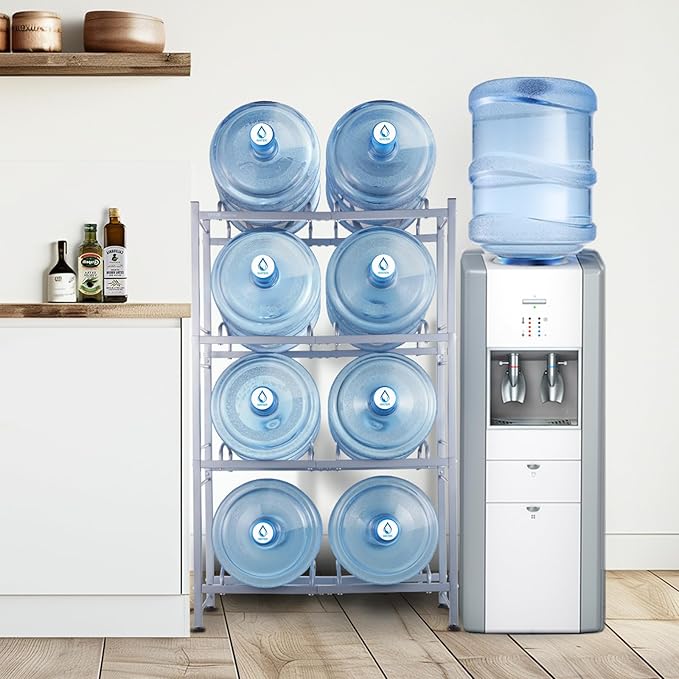 VEVOR 5 Gallon Water Jug Holder, 4 Tiers Double Row Heavy Duty Water Bottle Rack with 8 Slots, Detachable Water Jug Stand for Kitchen, Office, Living Room- Silver