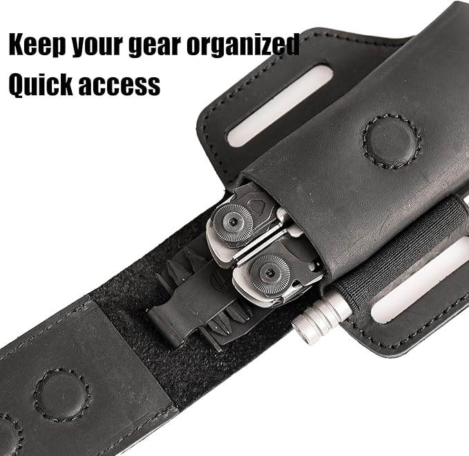Topstache Leather Multitool Sheath for Belt - Leather Multitool Holder for Belt - EDC Belt Organizer Multitool Pouch - Two Magnetic Closure Multitool Holster - Belt Loop Leather Multitool Case, Black