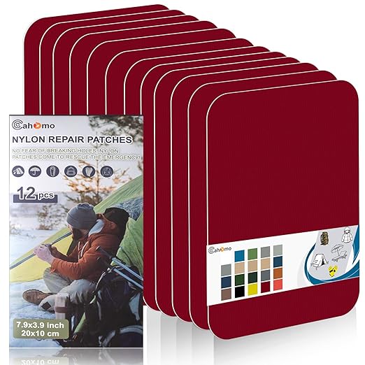 Cahomo 7.9x3.9 inch 12 PCS Nylon Repair Patch Nylon Repair Tape Self Adhesive Fabric Tapes Outdoor Camping Gear Fabric kit for Tent, Umbrella, Down Jackets, Sleeping Bag, Knapsack(Red)