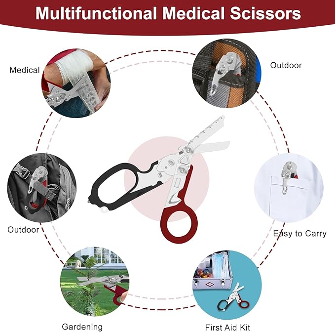 6 in 1 Multifunctional Combination Tool, Folding Retractable Emergency Shears, Outdoor Camping Tools, Seat Belt Cutter, Oxygen Cylinder Wrench, Complimentary Adjustable Wrench (dark red)