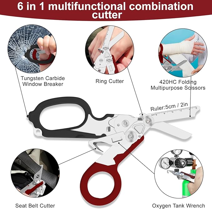 6 in 1 Multifunctional Combination Tool, Folding Retractable Emergency Shears, Outdoor Camping Tools, Seat Belt Cutter, Oxygen Cylinder Wrench, Complimentary Adjustable Wrench (dark red)