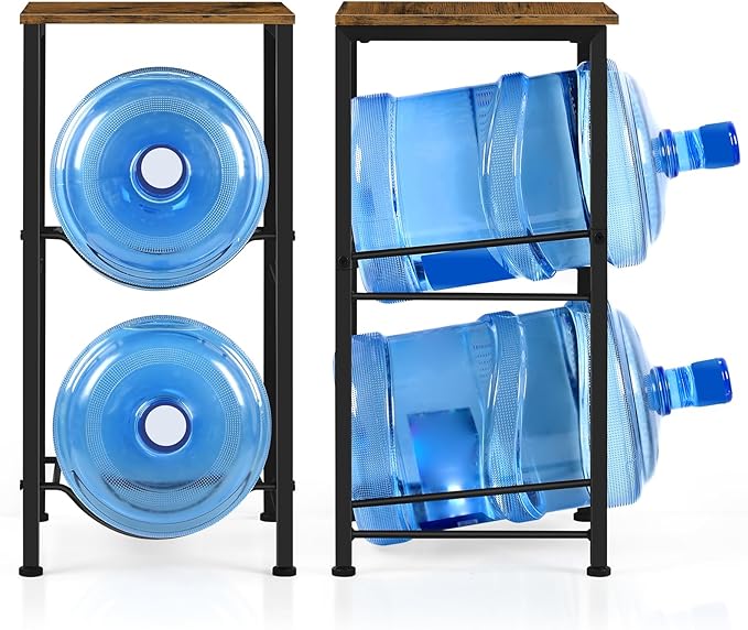 5 Gallon Water Jug Holder with Top Shelf, 2 Tier Water Dispenser Rack Stand 5 Gallon Water Bottle Storage Organizer for Kitchen, Home Office, Living Room, Rustic Brown