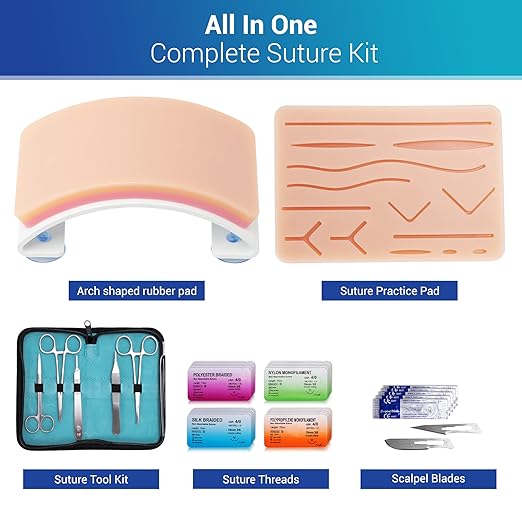 Alcedo Suture Practice Kit for Medical Students, Complete Set (33 Pieces) Includes Arch-Shaped and Pre-Cut Wounds Pads, Tools Kit, and Suture Threads, Perfect for Practice and Education Demonstration