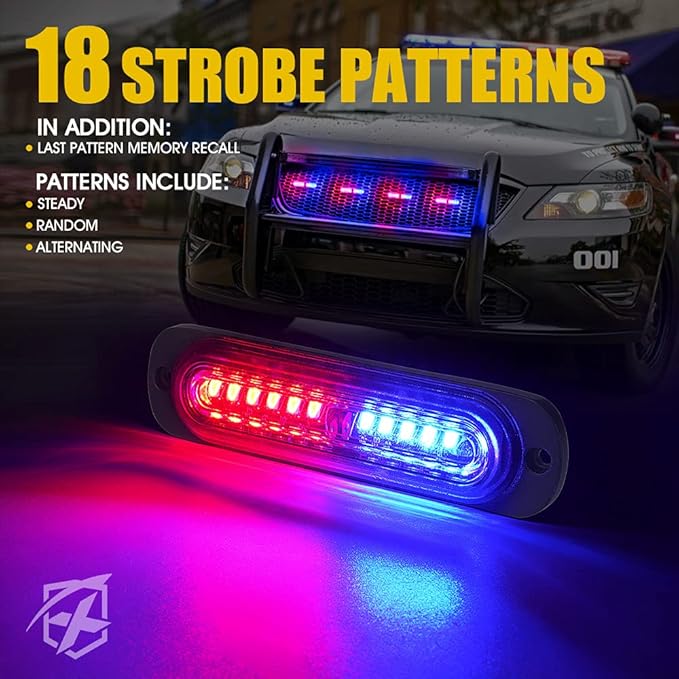 Xprite Red Blue LED Emergency Strobe Lights Kit, Surface Flush Mount Grill Grille Hazard Warning Safty Flashing Police Light for Volunteer Vehicles Off-Road Trucks Cars SUV ATV UTV Motorcycle - 8PCS