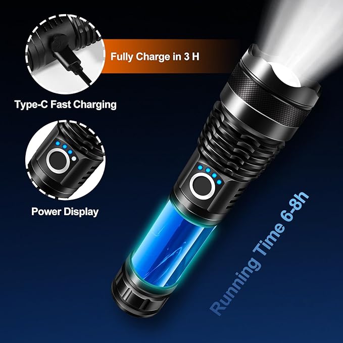 Rechargeable Flashlight High Lumen, Camping Essential Tactical Flash Light with 5 Modes, Adjustable Focus, LED Super Bright 150,000 Lumens Powerful Flashlight Rechargeable for Home & Emergencies