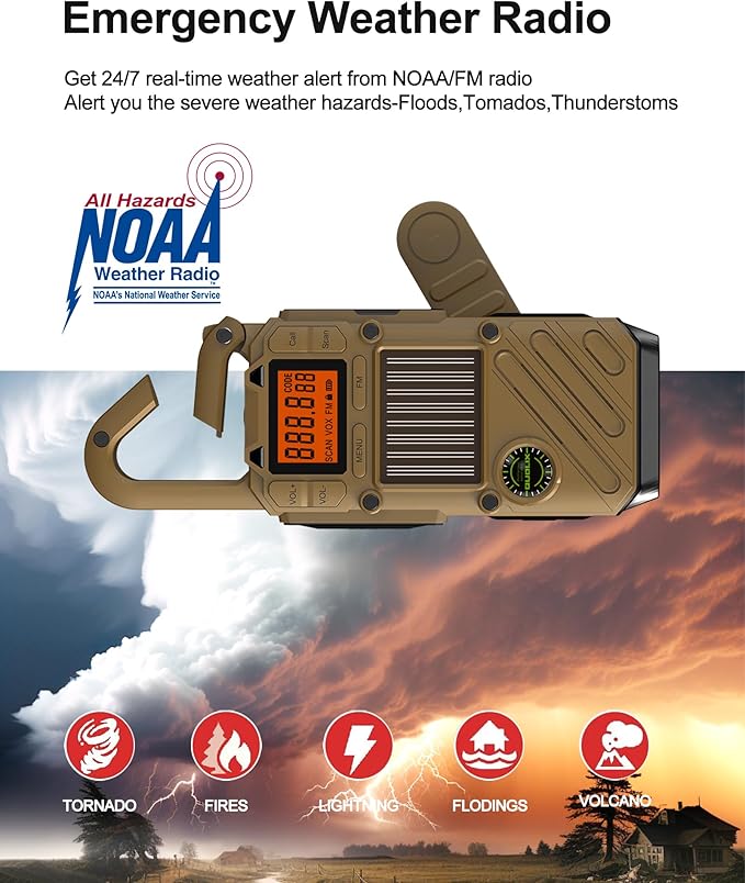 Walkie Talkies for Adults Rechargeable, FM/NOAA Emergency Radios with Weather Alerts, LED Flashlight & SOS Alarm, Solar Powered Hand Crank 2 Way Radios Walkie Talkie Hand Crank Long Range