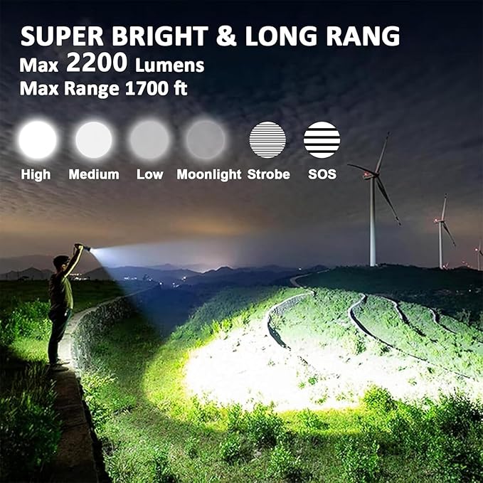 Rechargeable Flashlights 2200 High lumens, Super Bright LED Tactical Flashlight, Zoomable, IPX6 Waterproof, 6 Modes, Powerful Handheld Flash Light for Emergencies, Camping, Hiking