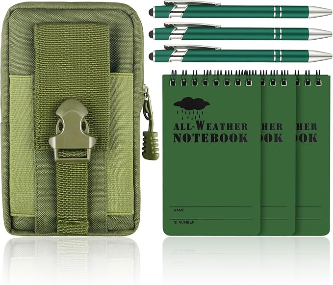 7 Piece Waterproof Notebook, 3 X 5 Inch waterproof notebook and pen with Waterproof Multi Functional Waist Pack for Outdoor Activities Recording (Army Green)
