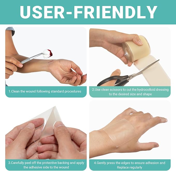 Upgraded Hydrocolloid Roll for Wound Care, 2in*16ft Hydrocolloid Patch Bandages with Self-Adhesive, Ultra Absorbent, Flexible, Waterproof, DIY Size, First Aid Kit Essential