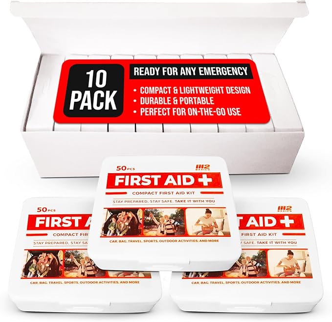 Bulk 10-Pack Mini First Aid Kit Bundle (500 Pieces Total, 50 Pieces Per Kit) – M2 BASICS First Aid Kits for Car, Vehicles, Travel, Home, Charity, Donations – Compact Emergency Medical Supplies