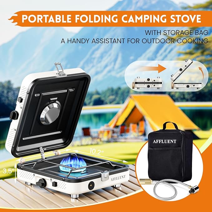AFFLUENT 2 Burner Propane Camping Stove with Grill and Storage Bag- A Must - Have Camp Stove Propane! Foldable, Featuring Two Adjustable Burners Ideal Portable Camping Stove for Camping & BBQ(White)
