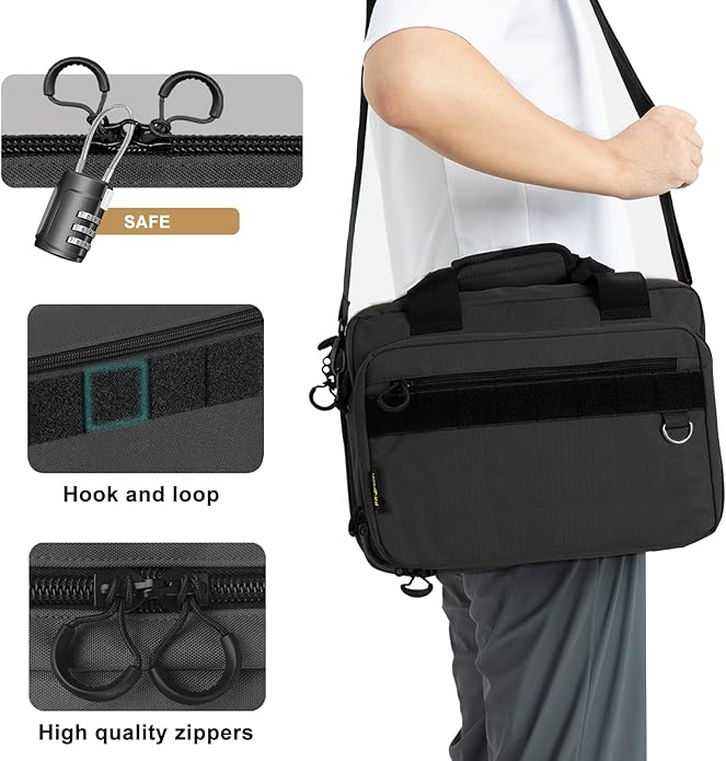 Range Bag Pistol Handgun Bag Gun Carrying Case for Handguns and Ammo with Lockable Zippers