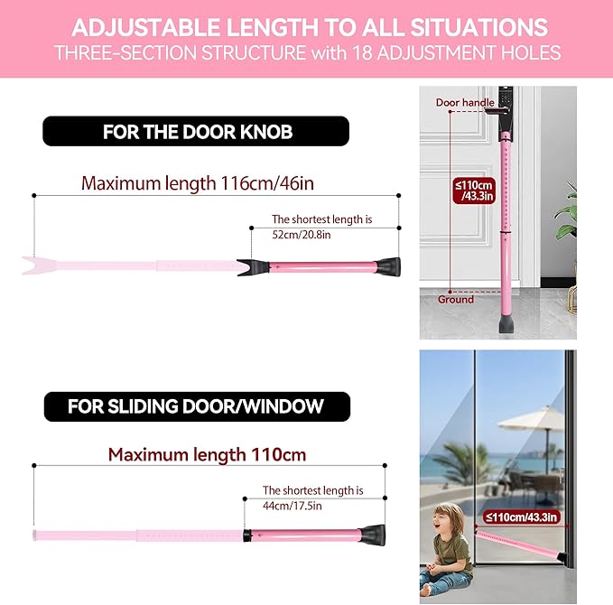 AceMining Upgraded Door Security Bar & Sliding Patio Bar, Heavy Duty Stoppers Adjustable Jammer for Home, Apartment, Travel (1 Pack,Pink)