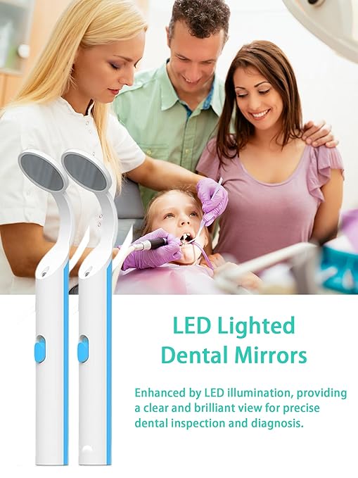 2 Pieces Dental Mirror with Light - LED Lighted Teeth Inspection Mirror, Anti Fog Curve Angle Mouth Mirrors Dentist Oral Assistant Care Tool Accessories (Light Blue)