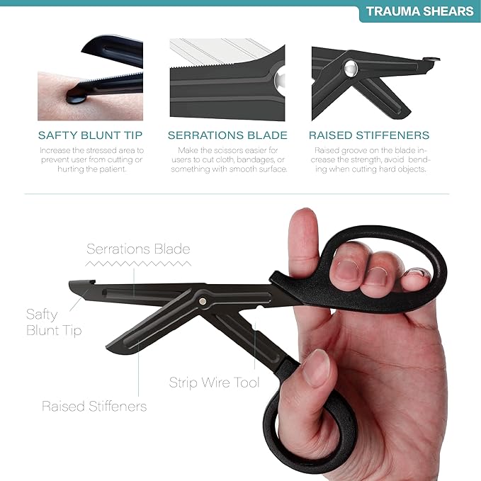 Trauma Shears 4-Pack 7.5 inch, Bandage Scissors Set, EMT & Medical Scissor, Large First Aid scissors, for Nurse, Fluoride-Coated with Non-Stick Blades by LI JIU® (4 Pack Black Fluoride-Coated)