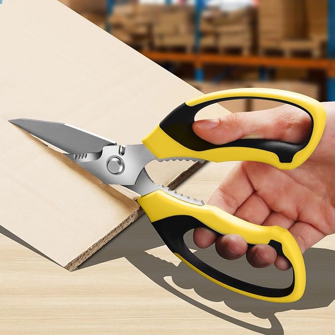 Utility Scissors Heavy Duty: sharp Scissors All Purpose heavy duty, Easy Cutting Carpet, Cardboard, Wires, Leather, Fabric(8'' Yellow)