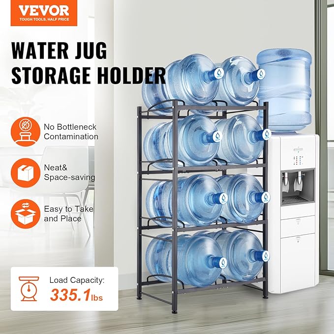 VEVOR 5 Gallon Water Jug Holder, 4 Tiers Double Row Heavy Duty Water Bottle Rack with 8 Slots, Detachable Water Jug Stand for Kitchen, Office, Living Room- Black
