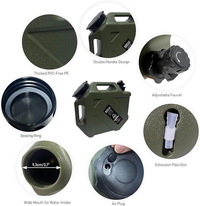 2.6 Gallon Camping Water Container with Spigot, Portable Water Jug BPA Free Water Tank, Military Green Emergency Water Storage Can for Outdoor Hiking Camping Picnic RV (10L)