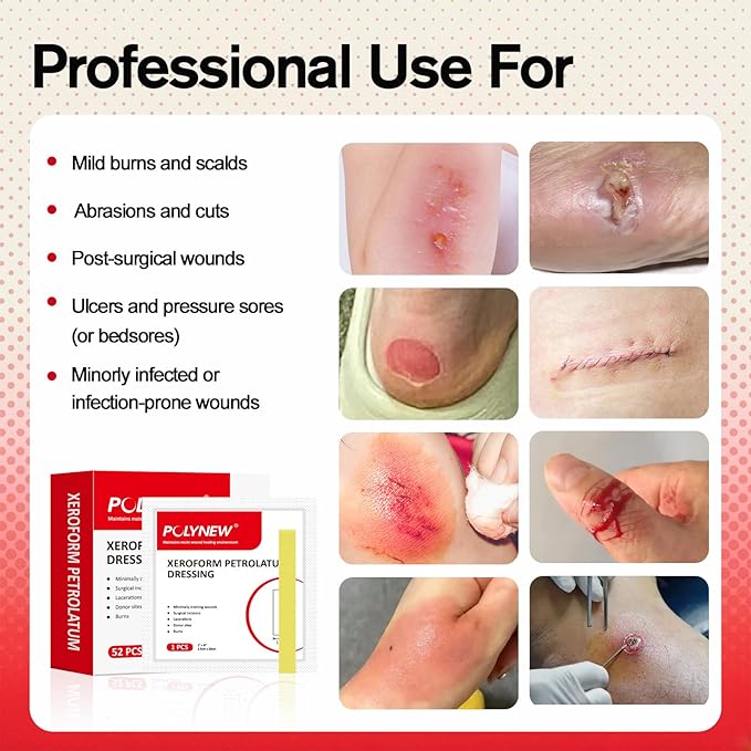 Xeroform Petrolatum Dressing 1"x8", 52 PCS Non-Adherent Gauze for Low Exudating Wounds, Fine Mesh Gauze Pads for Burns, Abrasions, Lacerations, Skin Grafts and Surgical Incisions