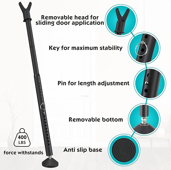 2Pack Door Security Bar for Hinged Sliding Doors and Windows,19 to 52 Inch Adjustable 3 in 1 Door Security Barricade Security Bar, Portable Home Security Door Stopper