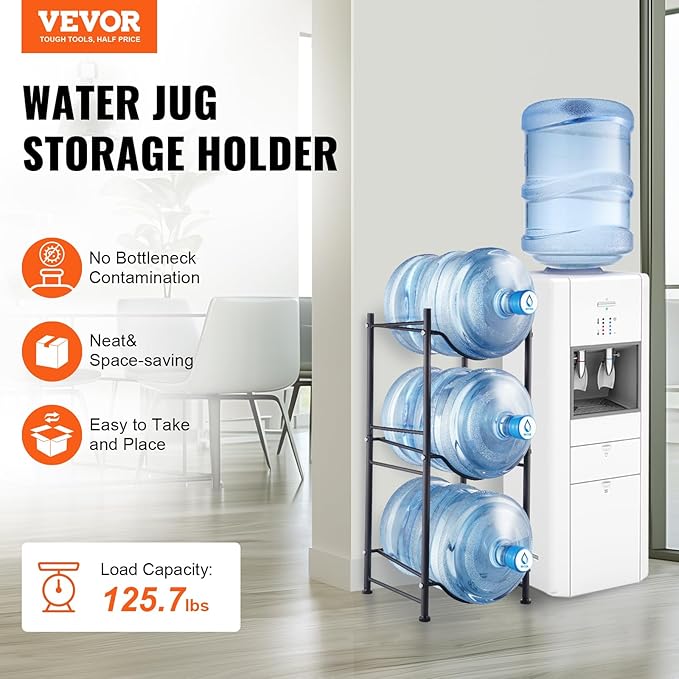 VEVOR 5 Gallon Water Jug Holder, 3 Tiers Water Bottle Holder, Heavy Duty Water Bottle Rack with 3 Slots, Detachable Water Jug Stand for Kitchen, Office, Living Room- Black