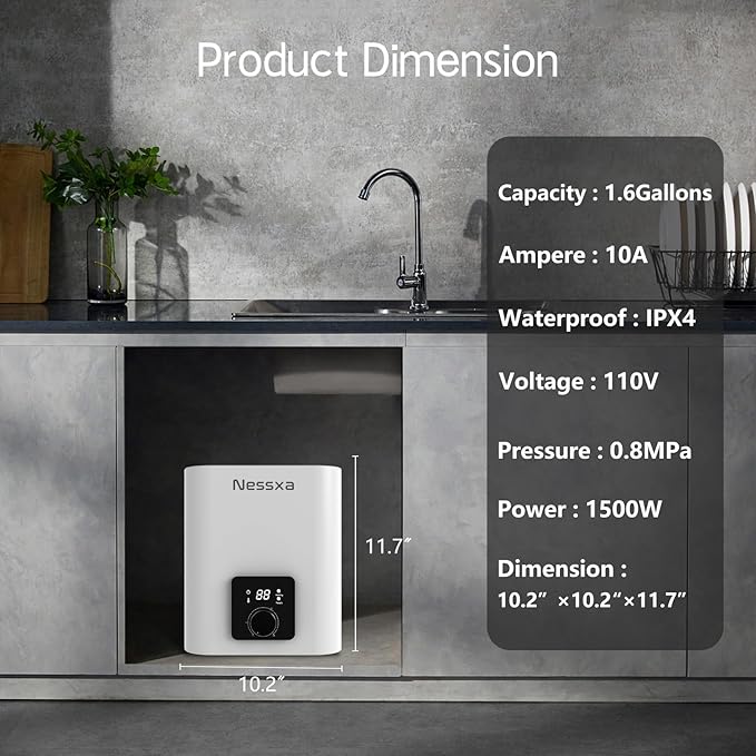 1.6 Gallon Electric Mini Tank Water Heater, 110V 1500W Point of Use On Demand Under Sink Instant Hot Water Heater for Home Kichen Bathroom