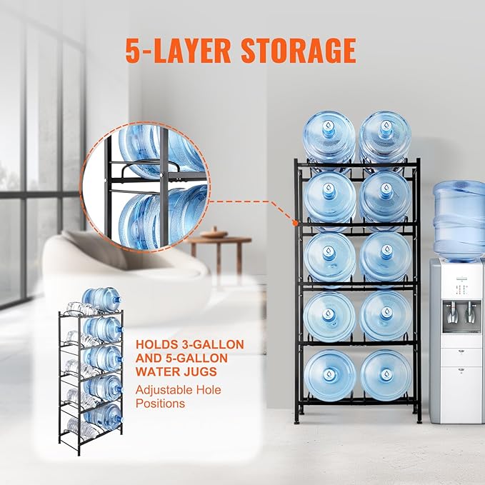 VEVOR 5 Gallon Water Jug Holder, 5 Tiers Double Row Heavy Duty Water Bottle Rack with 10 Slots, Detachable Water Jug Stand for Kitchen, Office, Living Room- Black