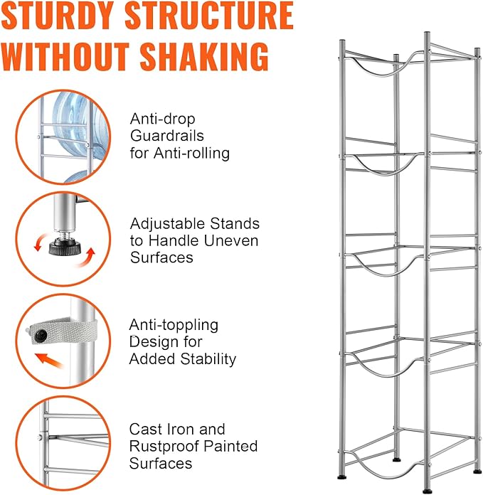 VEVOR 5 Gallon Water Jug Holder, 5 Tiers Water Bottle Holder, Heavy Duty Water Bottle Rack with 5 Slots, Detachable Water Jug Stand for Kitchen, Office, Living Room- Silver