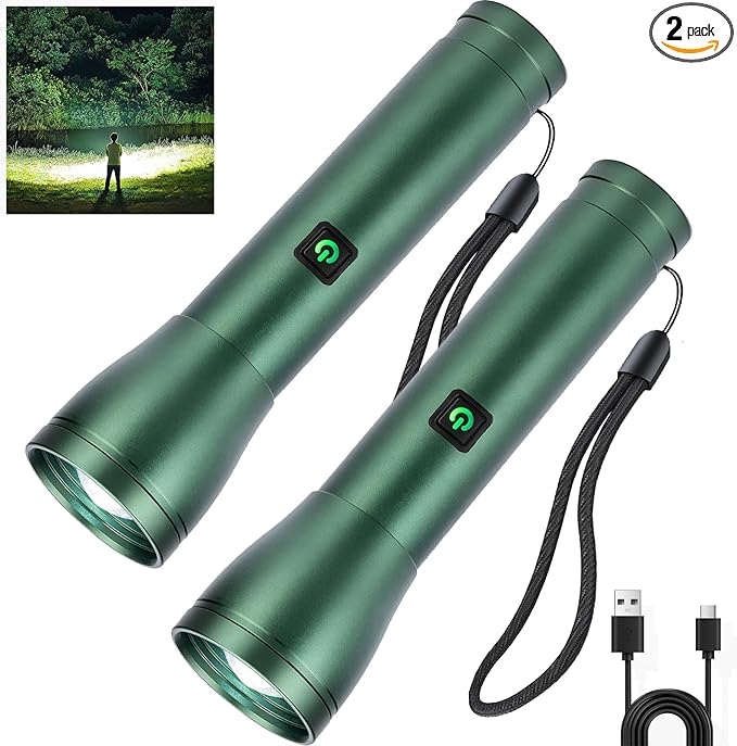 Rechargeable Flashlights 990,000L High Lumens 2 Packs, 140° Wider Beam Super Bright LED Handheld Tactical Metal Flash Lights with 3 Modes, USB C, Zoomable Beam, IP76 Waterproof for Emergency