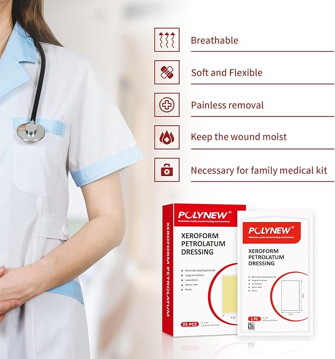 Xeroform Petrolatum Dressing 5"x9", 25 PCS Non-Adherent Gauze for Low Exudating Wounds, Fine Mesh Gauze Pads for Burns, Abrasions, Lacerations, Skin Grafts and Surgical Incisions