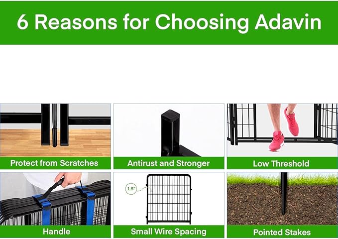 ADAVIN Dog Playpen 36 inch, Low Threshold Door 4 Panels Total 8.9 Ft(L) Tall Garden Fence, Dog Fence Outdoor for Yard, Black Metal Dog Pen Indoor, Dog Exercise Fence for RV Camping