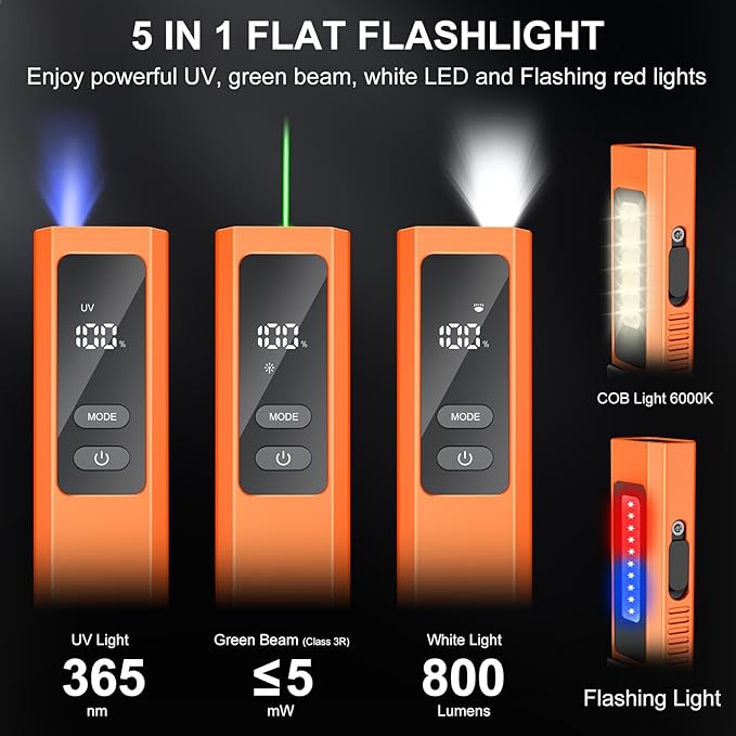 5 in 1 PRO EDC Flashlight Flat with Green Beam, UV Light, 800LM White Light LED Combo, Portable Pocket Flash Lights with Magnet for Outdoors Emergency and Work(Orange)